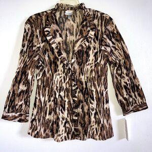 HARVE BERNARD XL Taffeta Neutral Ruffle Animal print Blouse Top Washable